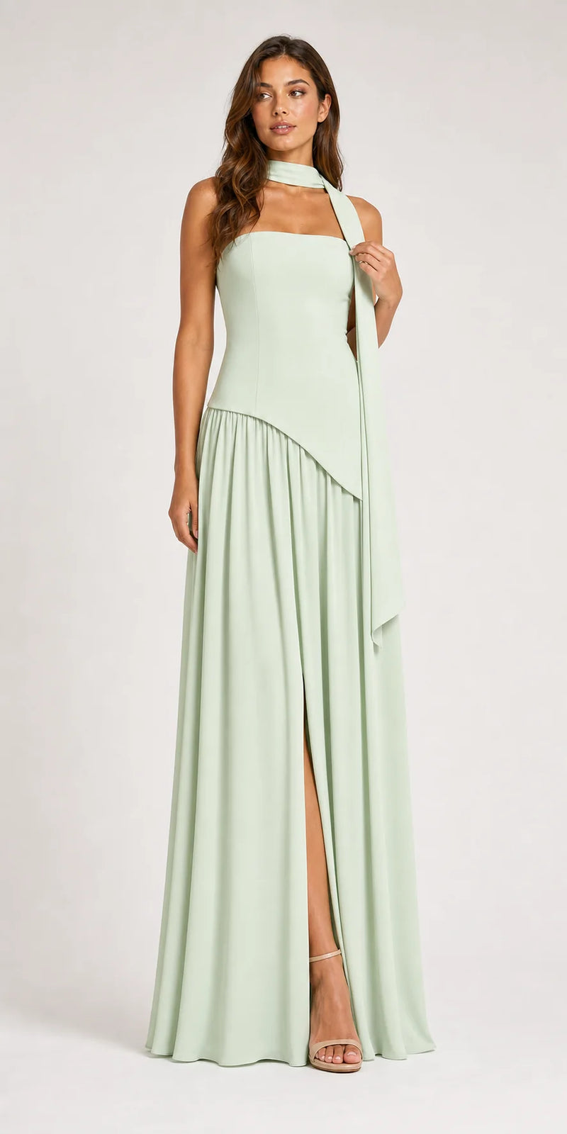 Sofaine Skylar strapless high-slit maxi dress in Mint Green, worn front
