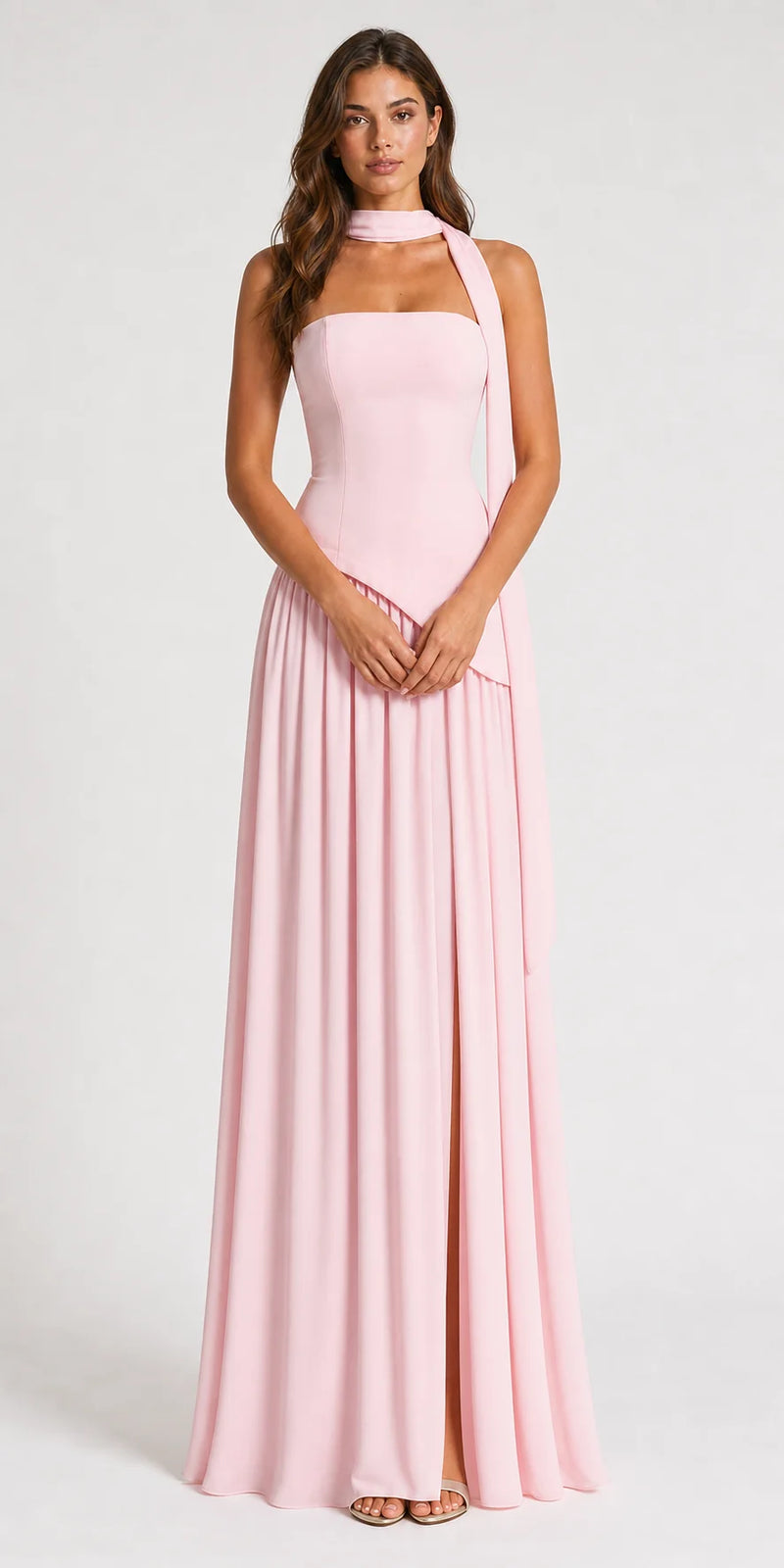 Sofaine Skylar strapless high-slit maxi dress in Pink, worn front