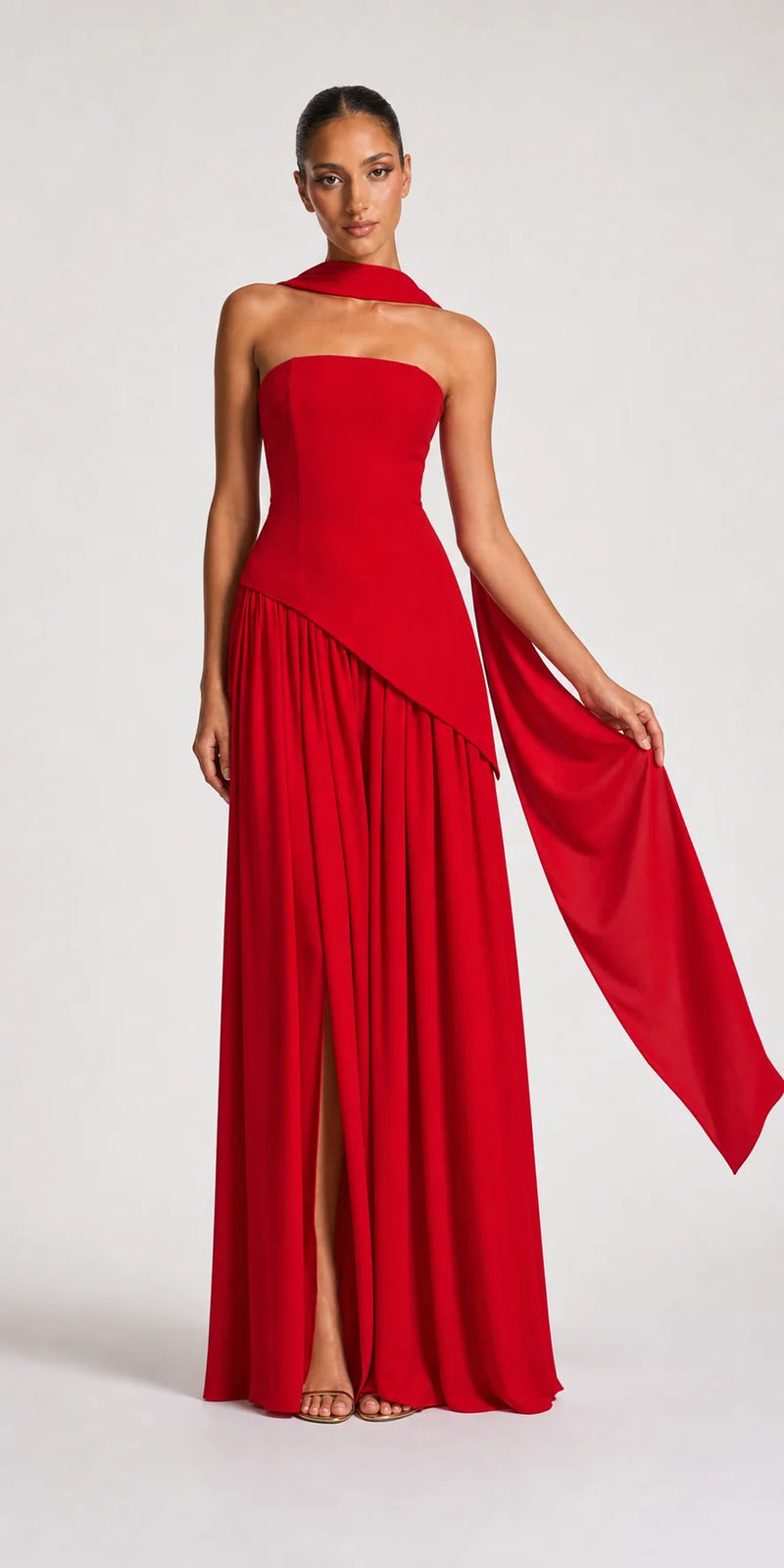 Sofaine Skylar strapless high-slit maxi dress in Red, worn front