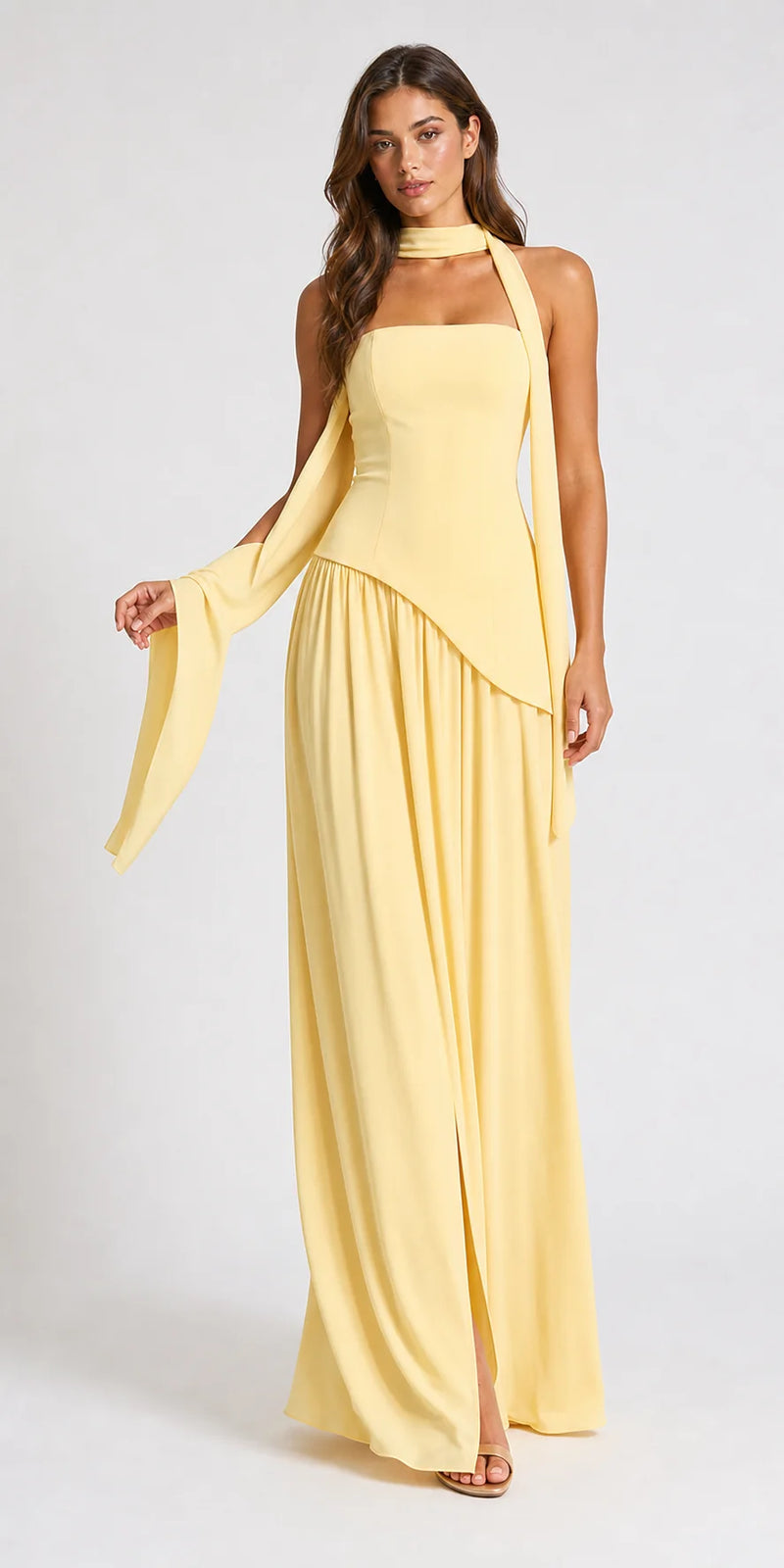 Sofaine Skylar strapless high-slit maxi dress in Light Yellow, styled full look