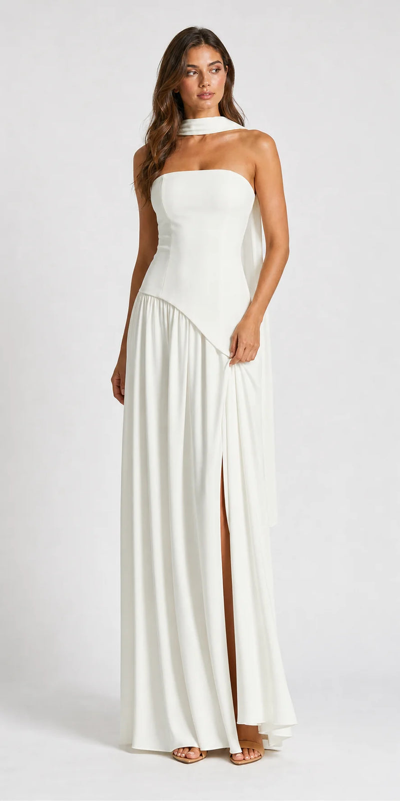 Sofaine Skylar strapless high-slit maxi dress in White, worn front