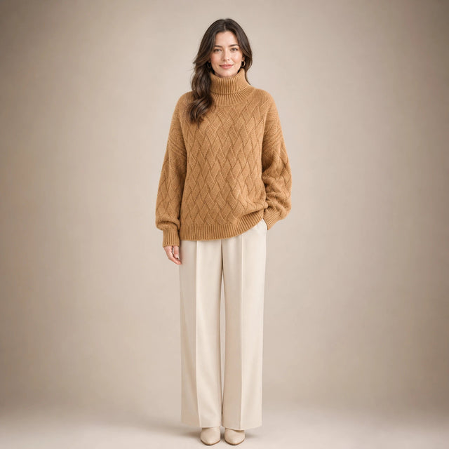 Abigail | Women's Cashmere-Feel Turtleneck Sweater in Camel, view 1