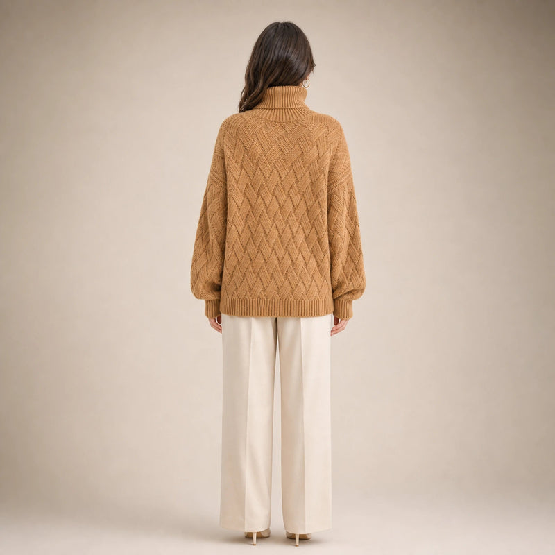 Abigail | Women's Cashmere-Feel Turtleneck Sweater in Camel, view 2