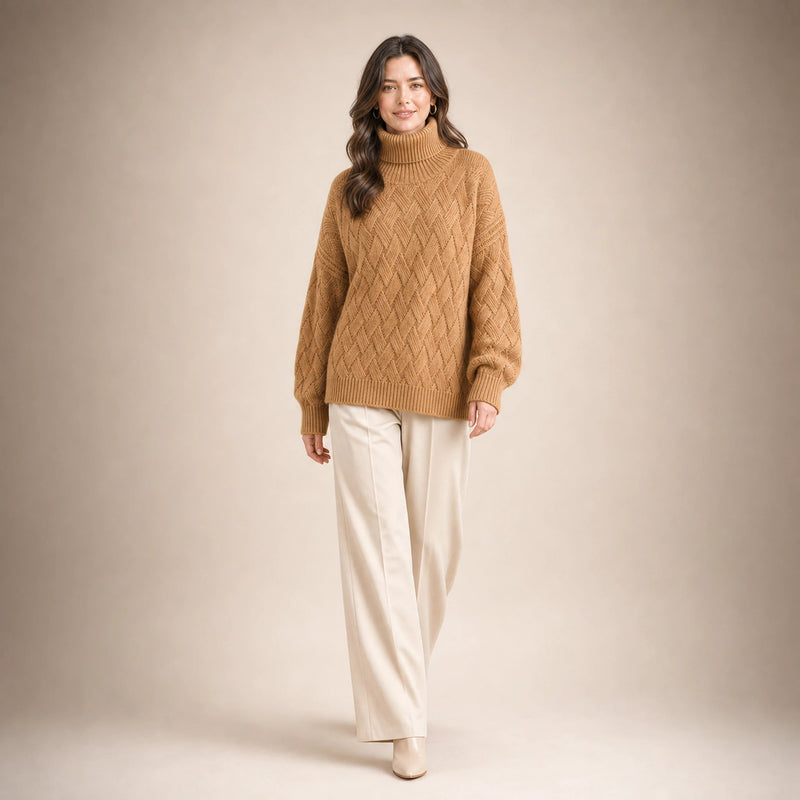 Abigail | Women's Cashmere-Feel Turtleneck Sweater in Camel, view 3