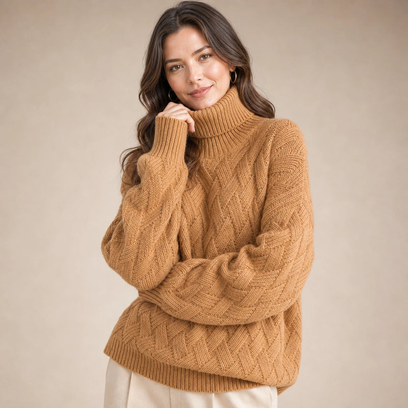 Abigail | Women's Cashmere-Feel Turtleneck Sweater in Camel, view 4