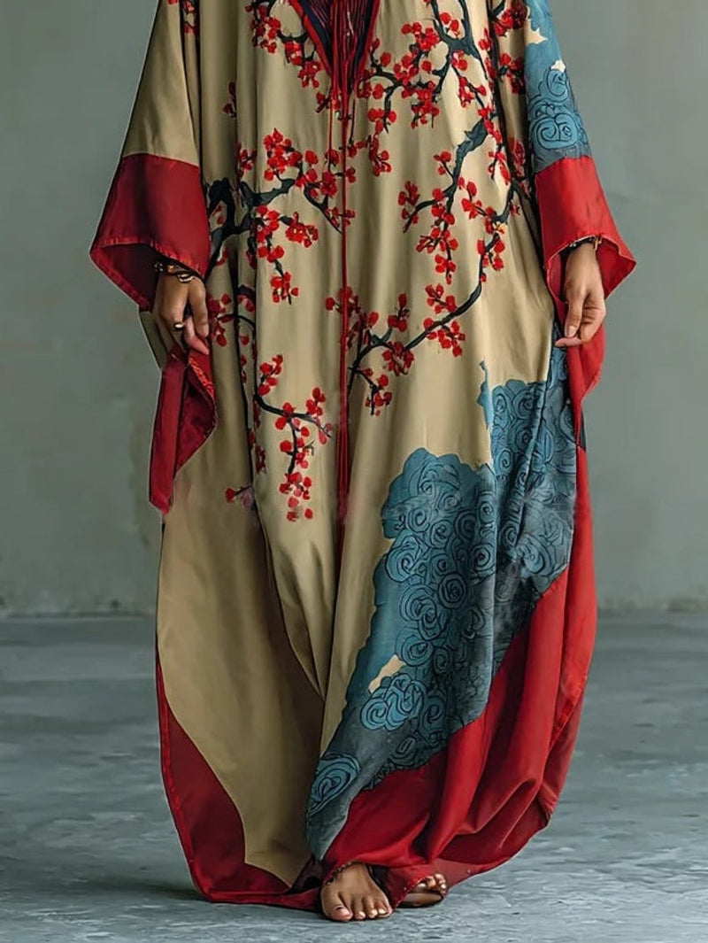 Agnete | Kaftan Maxikjole med Flagermusærmer i Rød, nærbillede af print