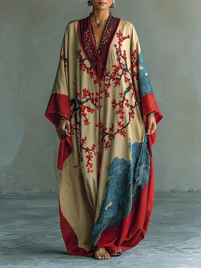 Agnete | Kaftan Maxikjole med Flagermusærmer i Rød, forfra