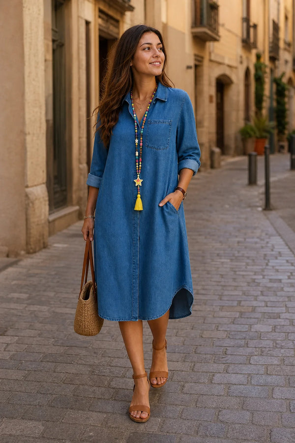 SOFAINE-V7-LIFE-Amelia | Denim Shirt Dress in Blue, street-style view