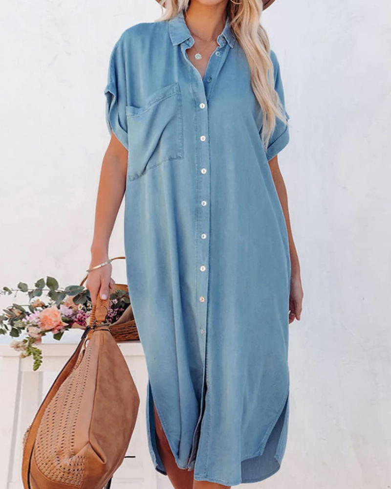 Améliane | Chambray Skjortekjole i Lyseblå, nærbillede