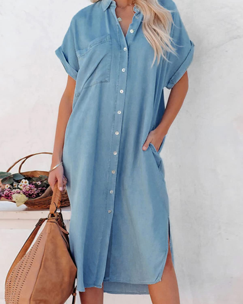 Améliane | Chambray Skjortekjole i Lyseblå, nærbillede