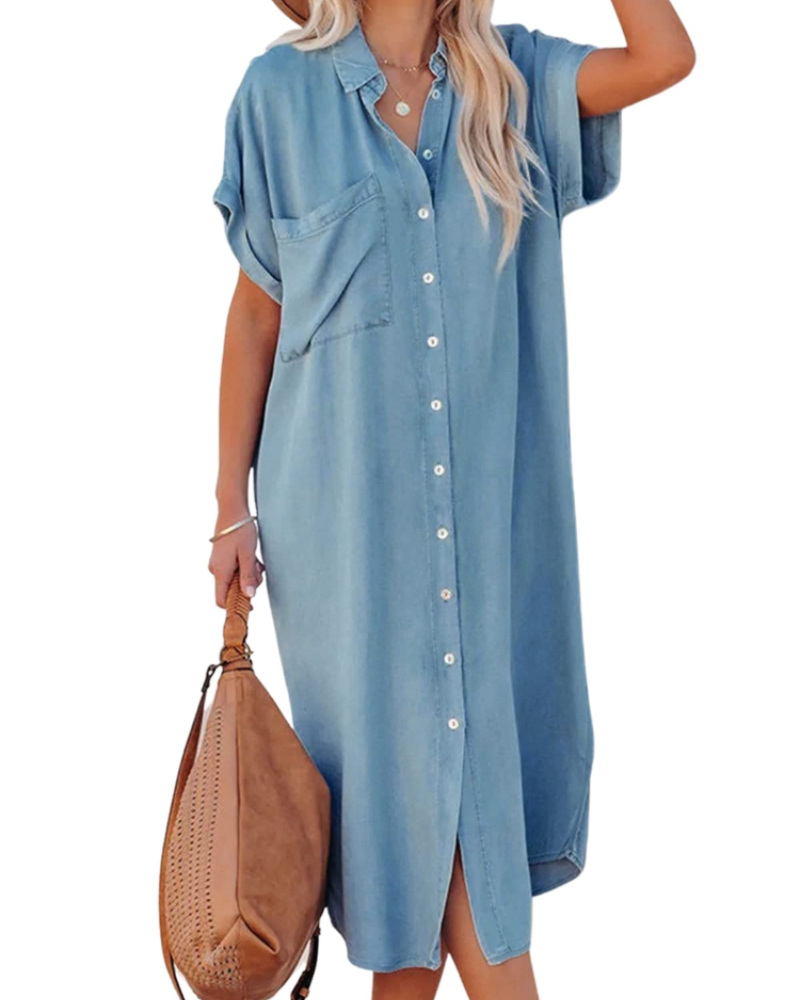 Améliane | Chambray Skjortekjole i Lyseblå, nærbillede