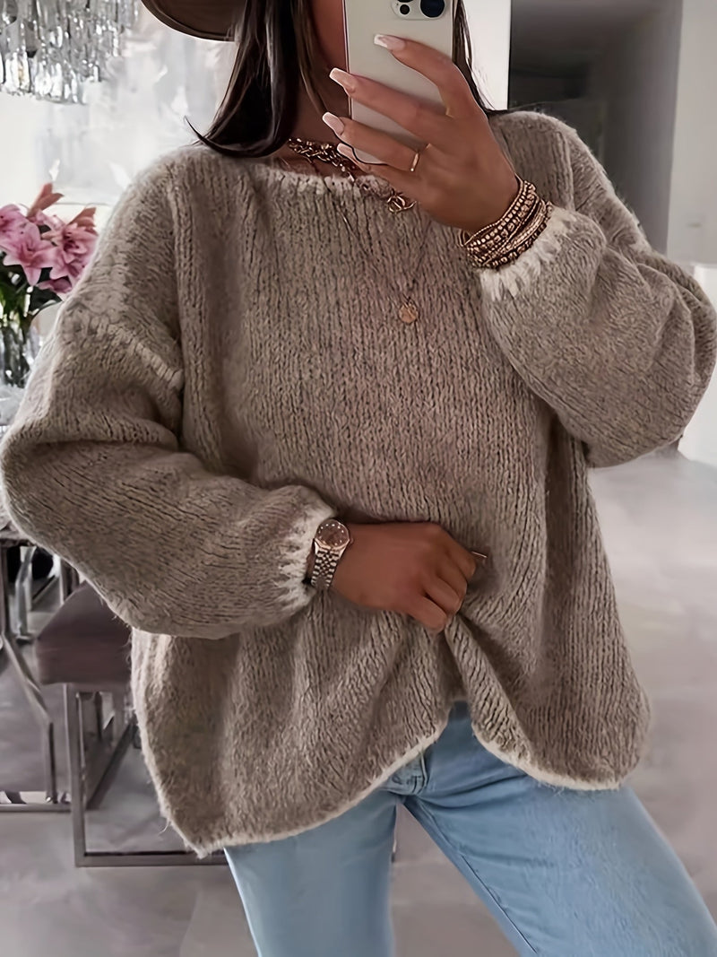 Anette | Sweater med Kontrastkant i Khaki, forfra