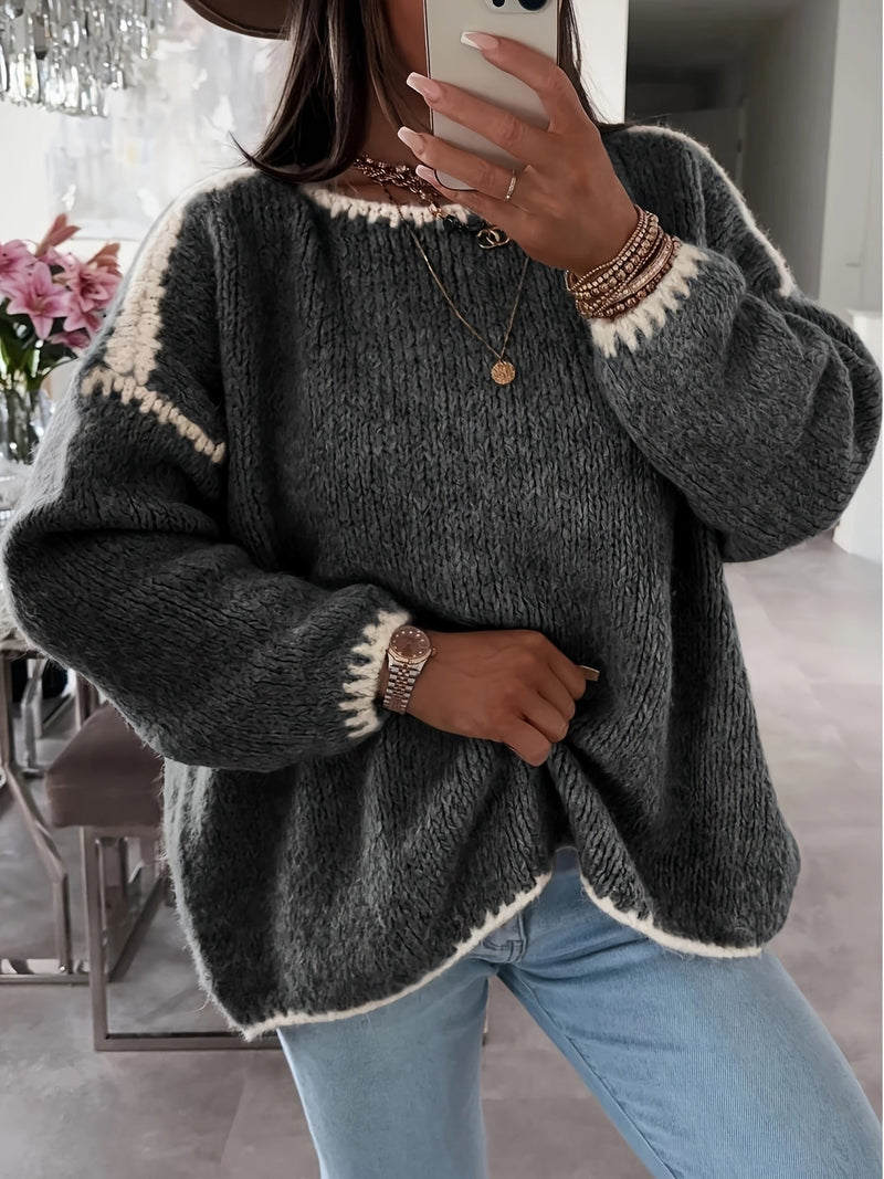 Anette | Sweater med Kontrastkant i Grafitgrå, forfra
