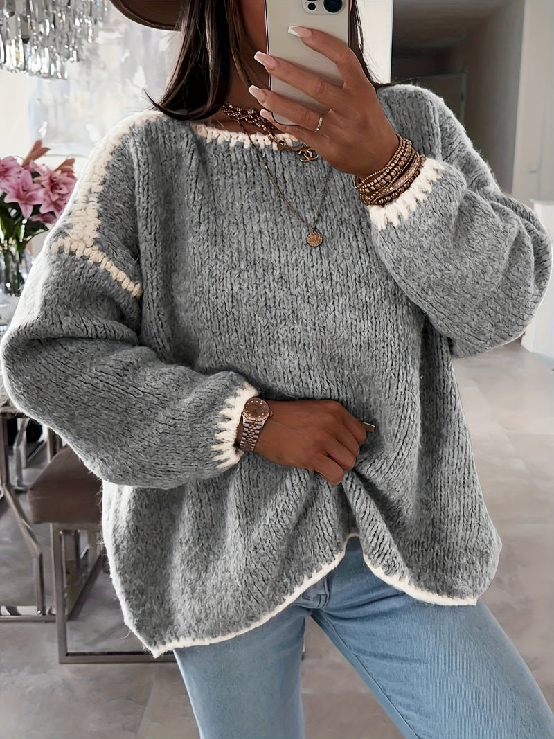 Anette | Sweater med Kontrastkant i Grå, forfra