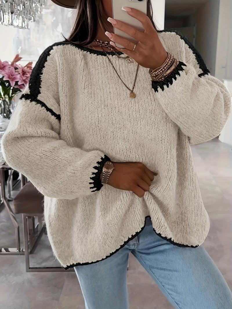 Anette | Sweater med Kontrastkant i Abrikos, forfra