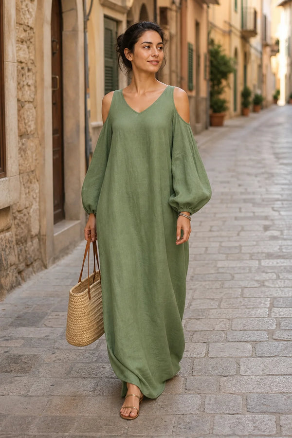 SOFAINE-V7-LIFE-Arabella | Puff-Sleeve Dress in Light Green, street-style view