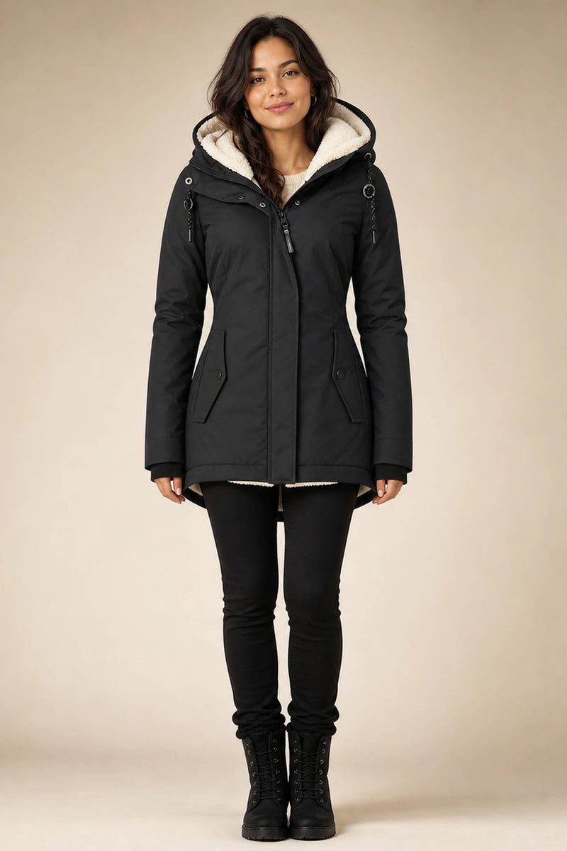 Aria | Hooded Winter Jacket in Black, studio front view