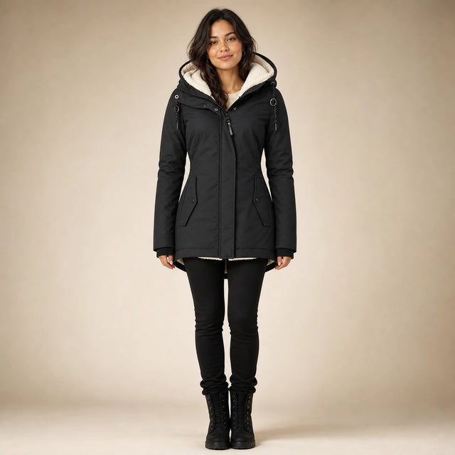 Aria | Women's Water-Resistant Hooded Winter Jacket, Padded in Black, view 1