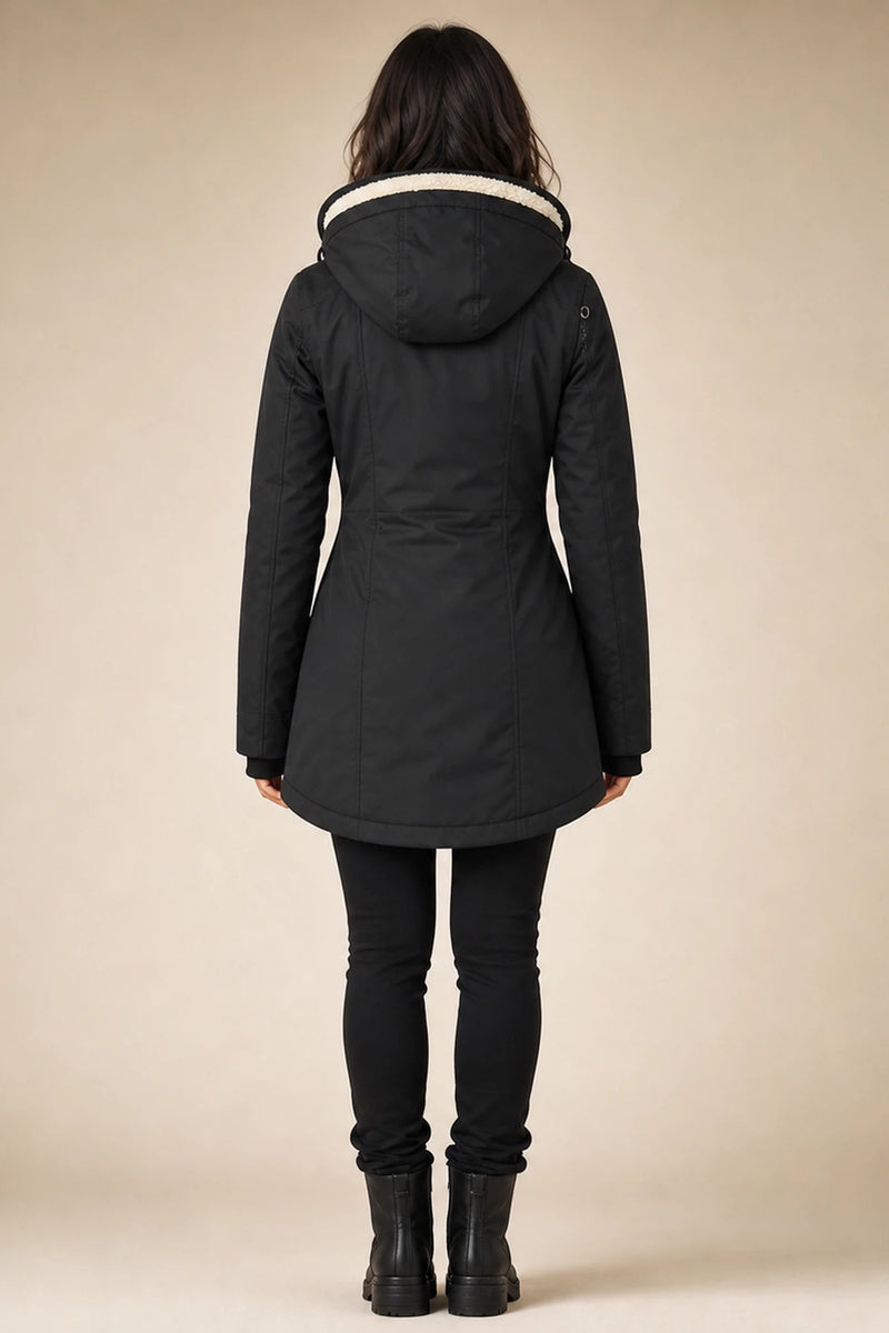 Aria | Hooded Winter Jacket in Black, studio side view