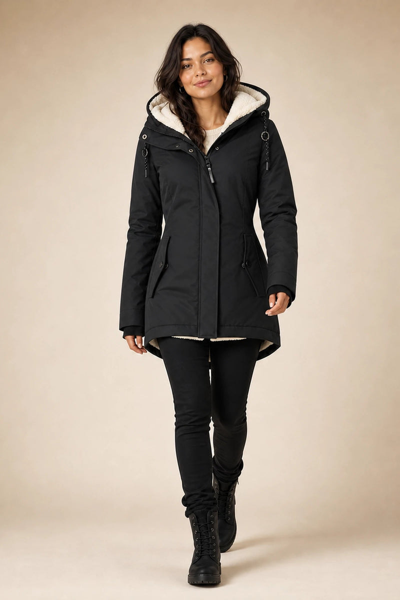 Aria | Hooded Winter Jacket in Black, studio back view