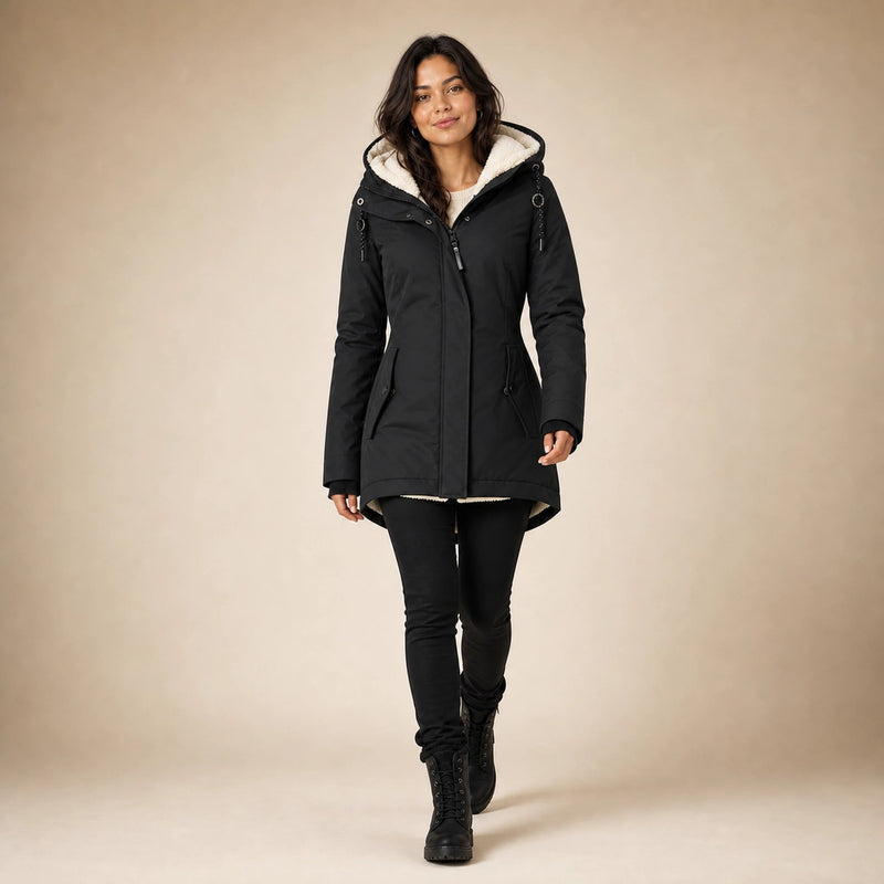 Aria | Women's Water-Resistant Hooded Winter Jacket, Padded in Black, view 3