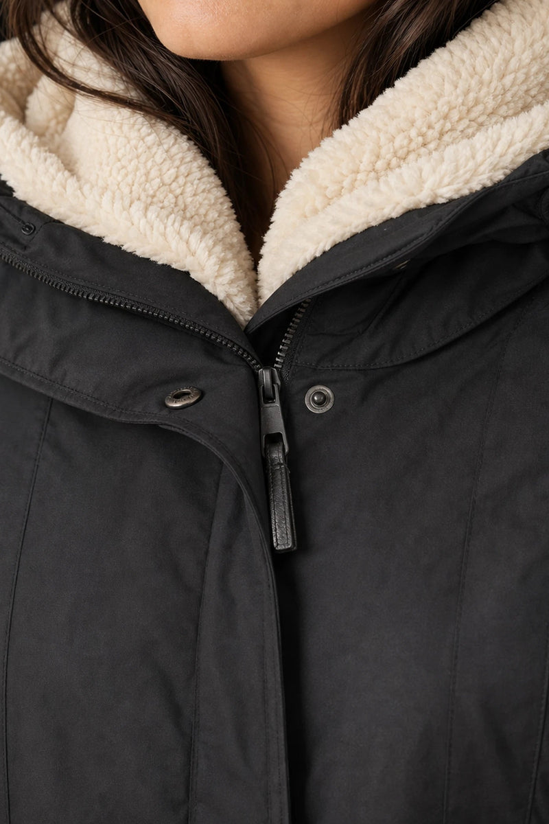 Aria | Hooded Winter Jacket in Black, fabric close-up
