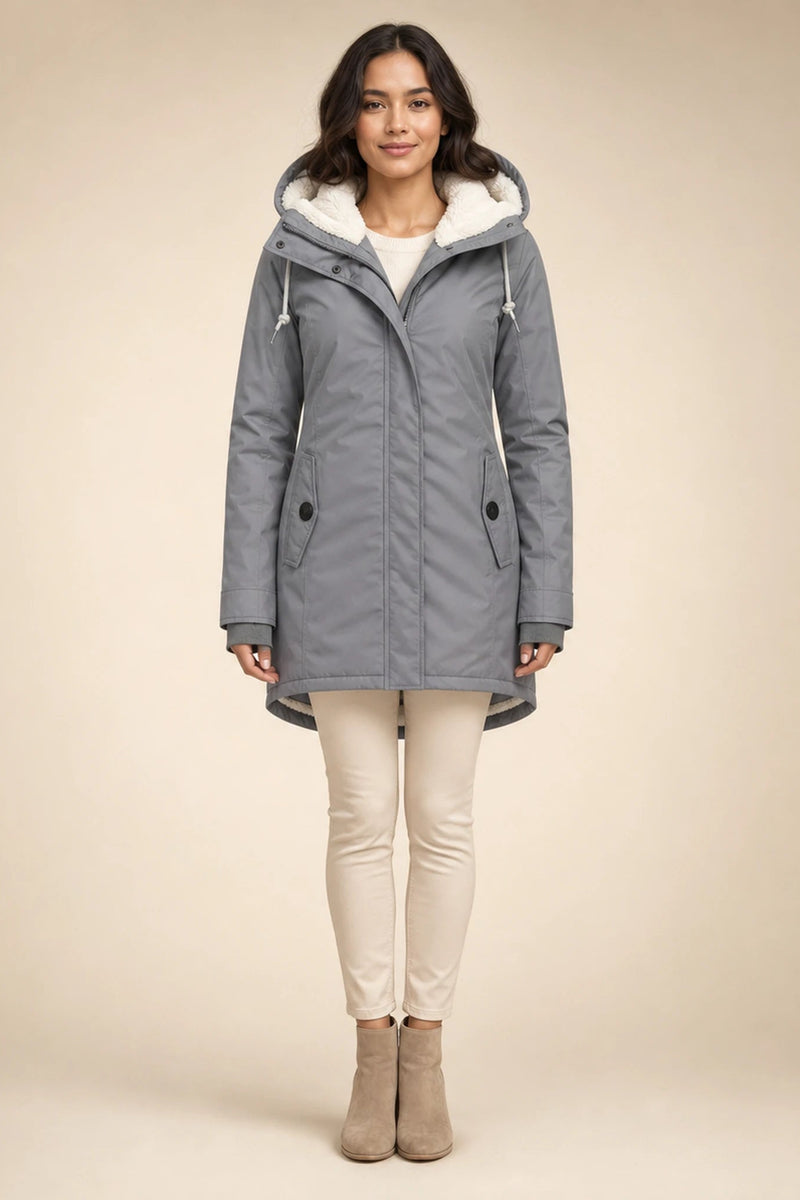 Aria | Hooded Winter Jacket in Gray, studio front view