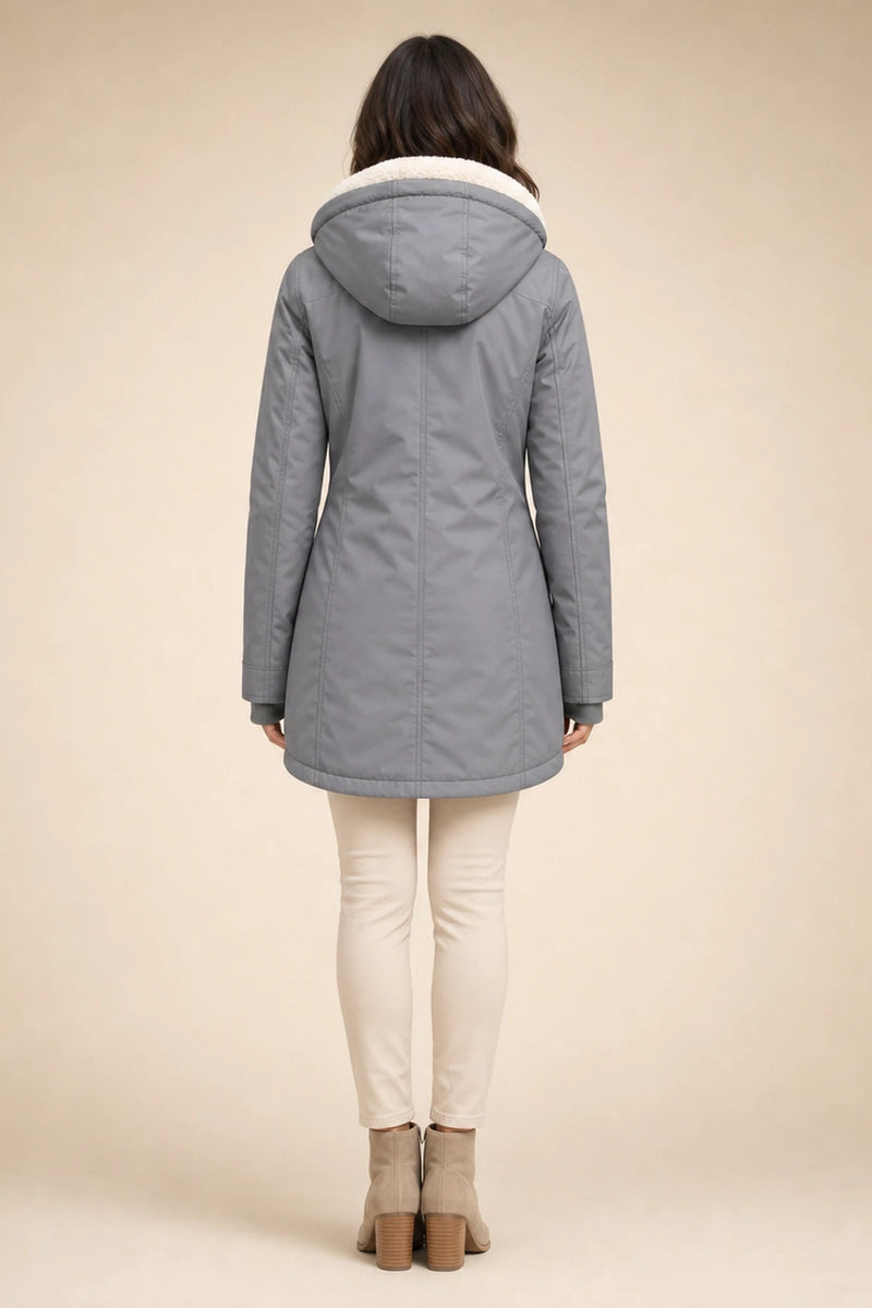 Aria | Hooded Winter Jacket in Gray, studio side view
