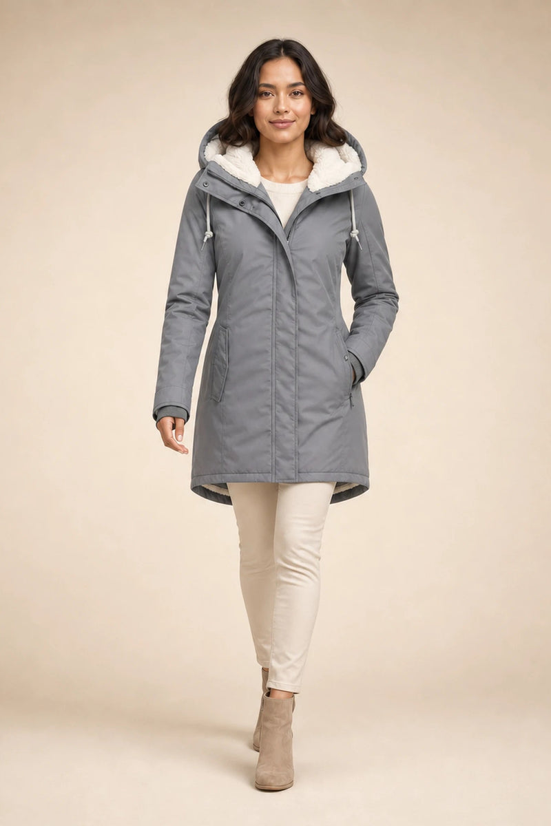 Aria | Hooded Winter Jacket in Gray, studio back view