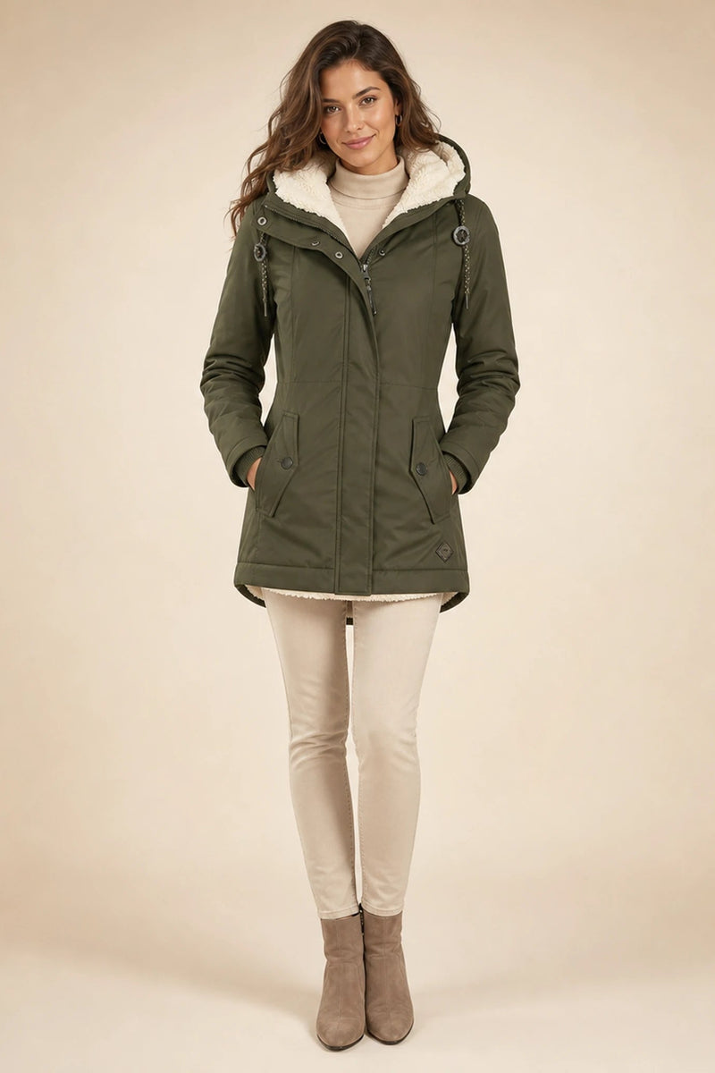 Aria | Hooded Winter Jacket in Green, studio front view