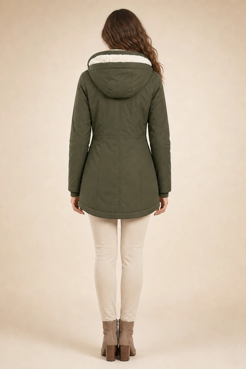 Aria | Hooded Winter Jacket in Green, studio side view