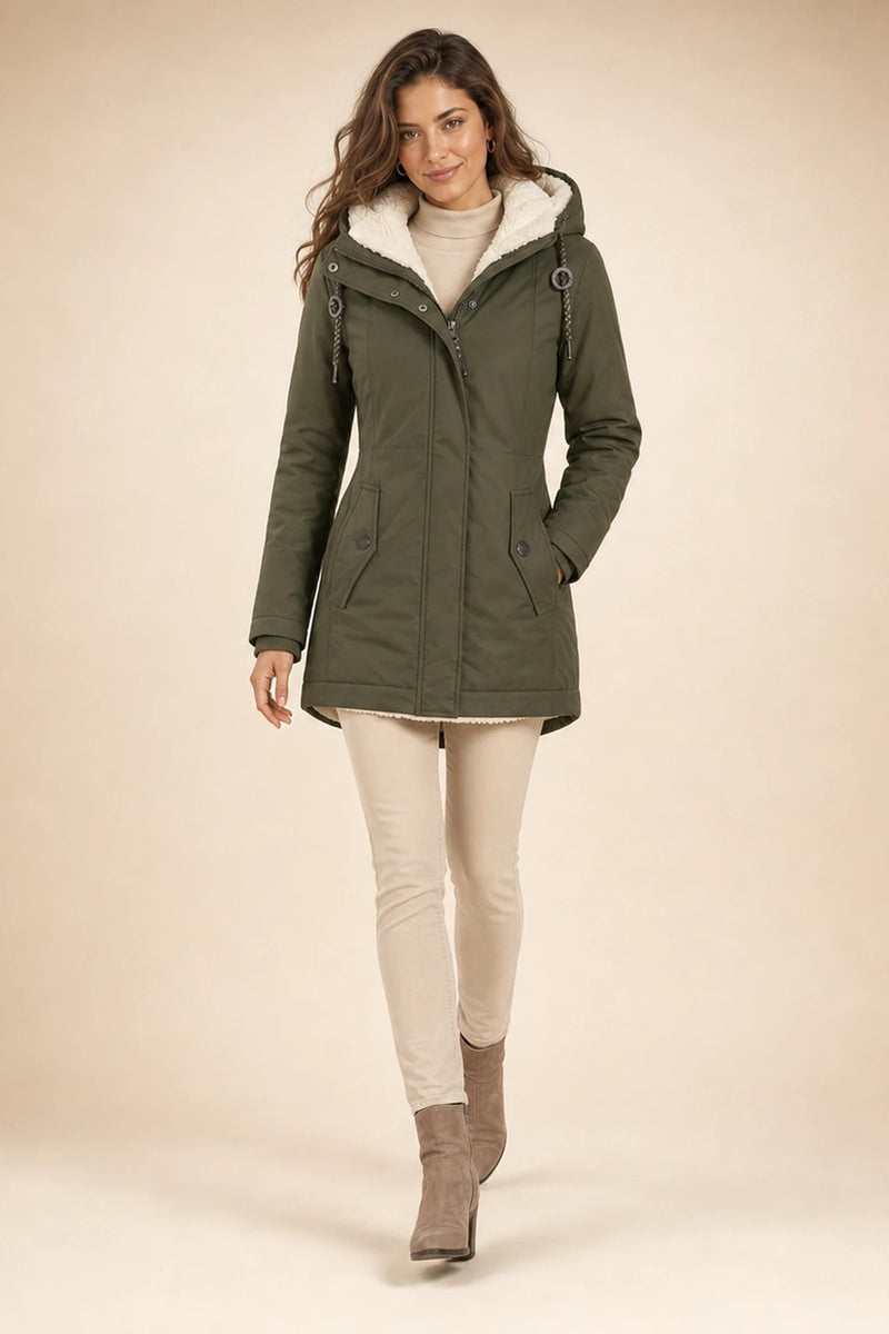 Aria | Hooded Winter Jacket in Green, studio back view