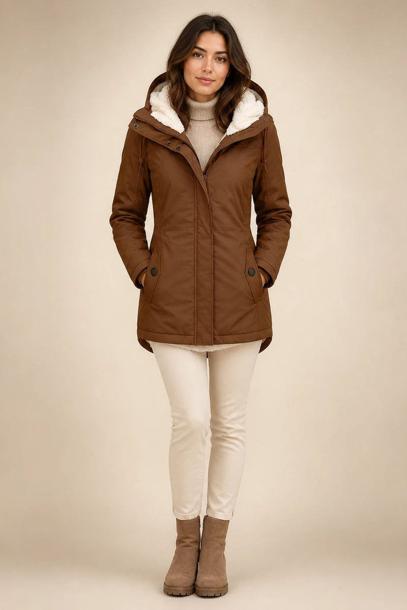 Aria | Hooded Winter Jacket in Khaki, studio front view