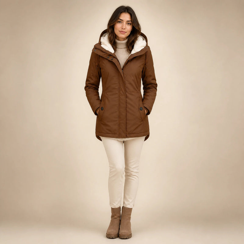 Aria | Women's Water-Resistant Hooded Winter Jacket, Padded in Khaki, view 1