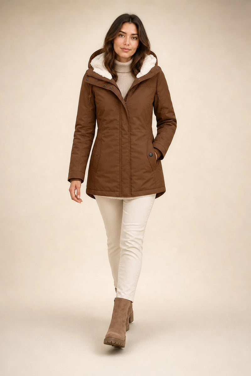 Aria | Hooded Winter Jacket in Khaki, studio back view