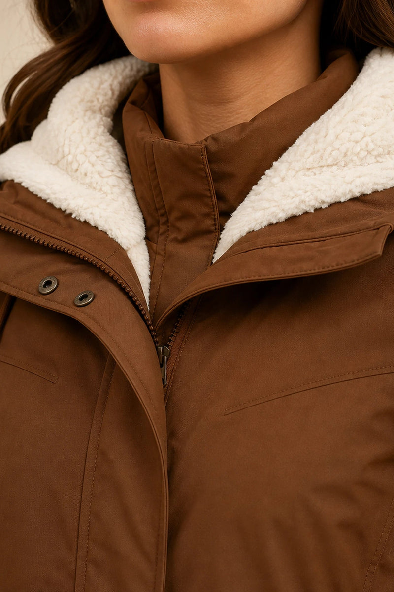 Aria | Hooded Winter Jacket in Khaki, fabric close-up