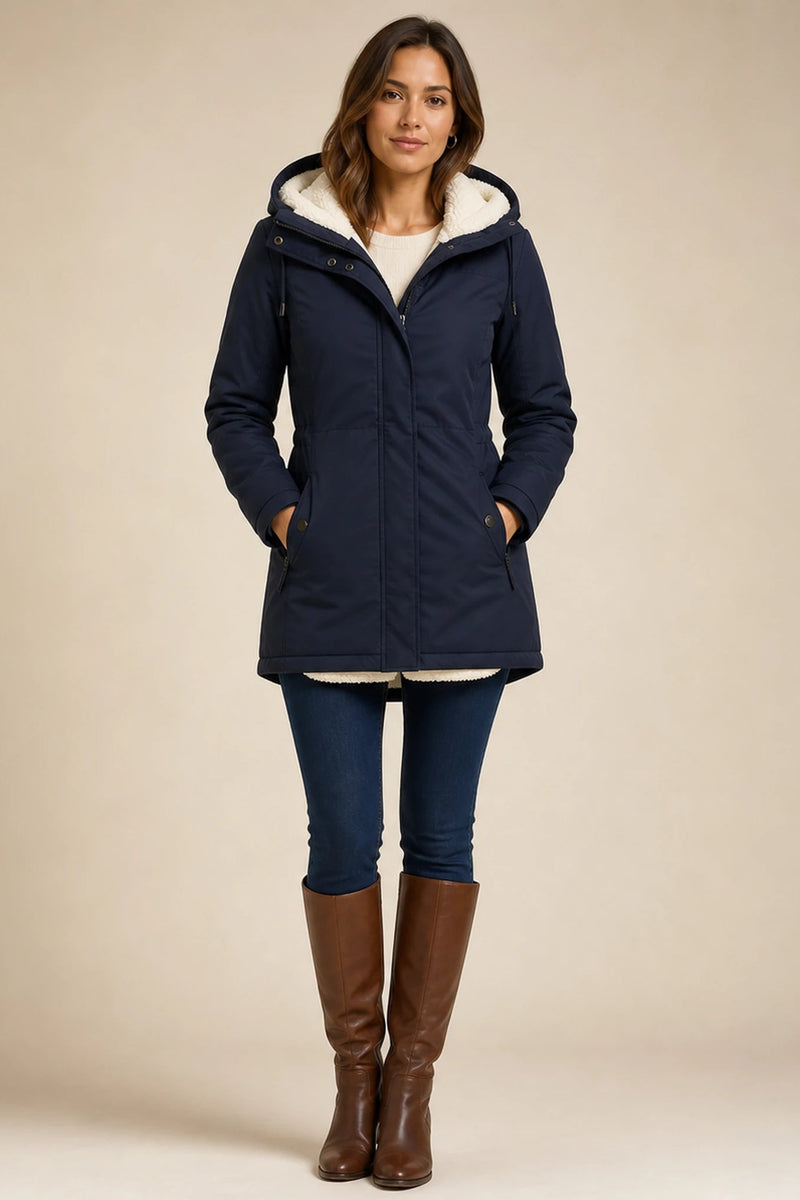 Aria | Hooded Winter Jacket in Navy Blue, studio front view