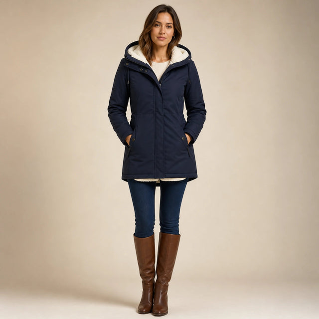 Aria | Women's Water-Resistant Hooded Winter Jacket, Padded in Navy Blue, view 1