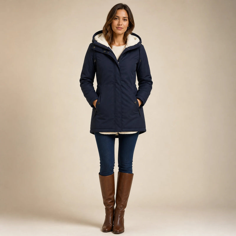 Aria | Women's Water-Resistant Hooded Winter Jacket, Padded in Navy Blue, view 1