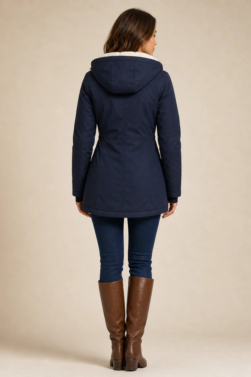 Aria | Hooded Winter Jacket in Navy Blue, studio side view