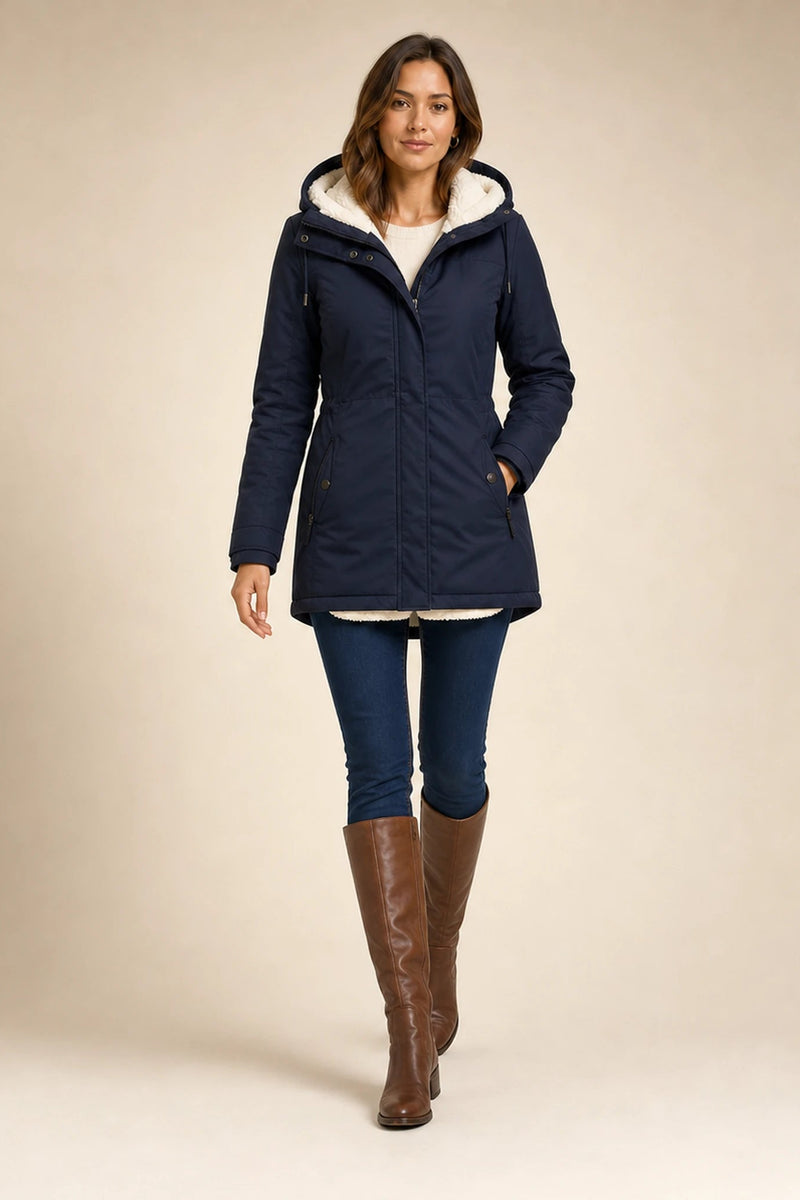 Aria | Hooded Winter Jacket in Navy Blue, studio back view