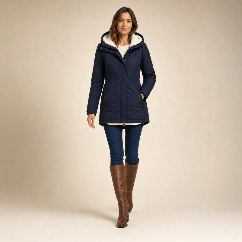 Aria | Women's Water-Resistant Hooded Winter Jacket, Padded in Navy Blue, view 3