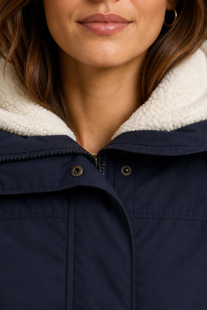 Aria | Hooded Winter Jacket in Navy Blue, fabric close-up