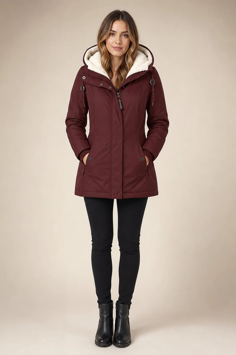 Aria | Hooded Winter Jacket in Red, studio front view