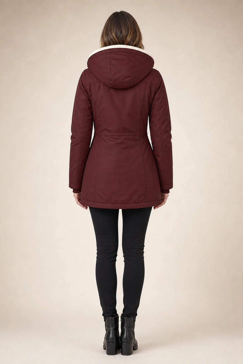 Aria | Hooded Winter Jacket in Red, studio side view