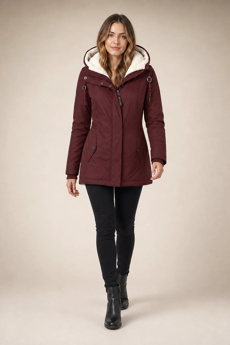 Aria | Hooded Winter Jacket in Red, studio back view