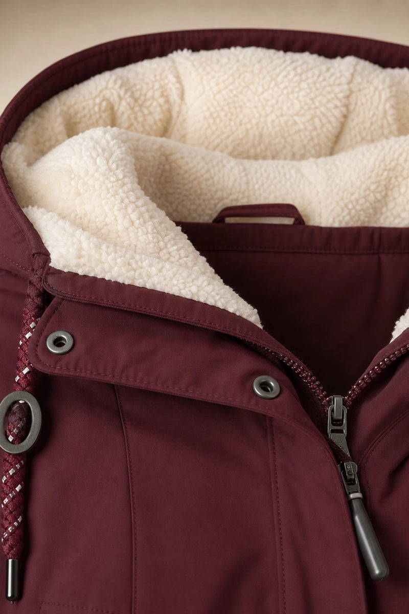 Aria | Hooded Winter Jacket in Red, fabric close-up
