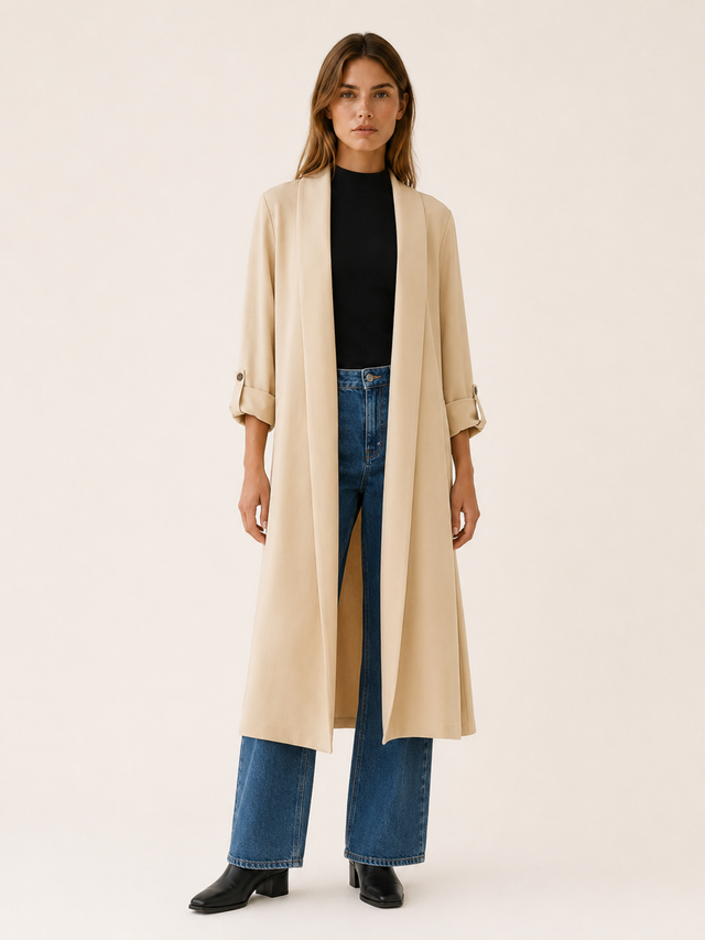 Ariane | Lang trenchcoat med åben front i Beige, forfra