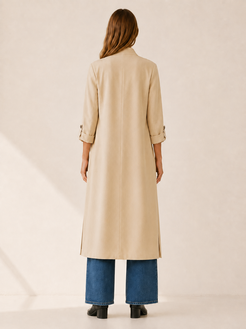 Ariane | Lang trenchcoat med åben front i Beige, bagfra