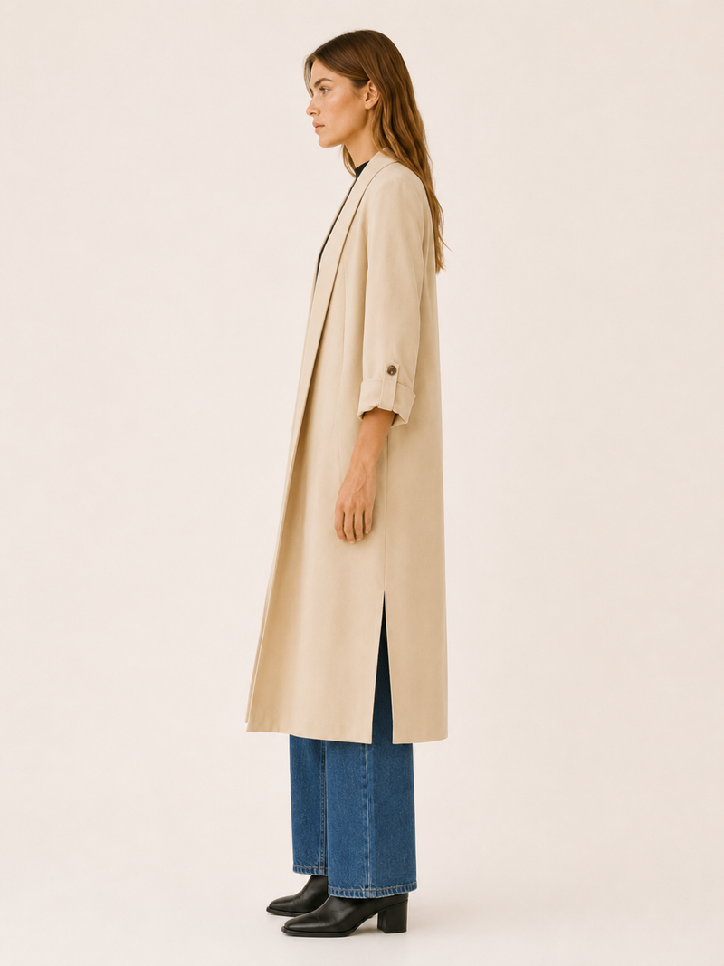 Ariane | Lang trenchcoat med åben front i Beige, fra siden